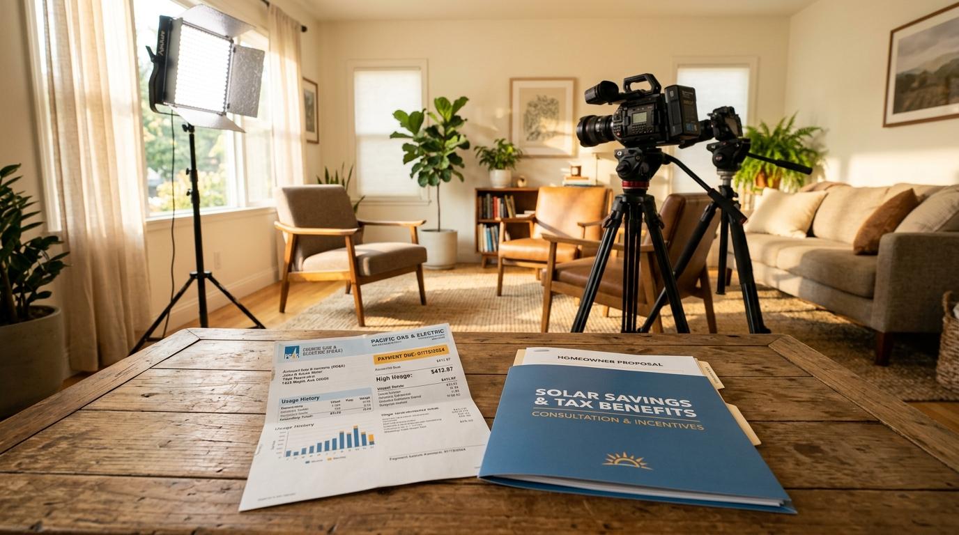 Reality-TV empty interview set showing energy bill and proposal
